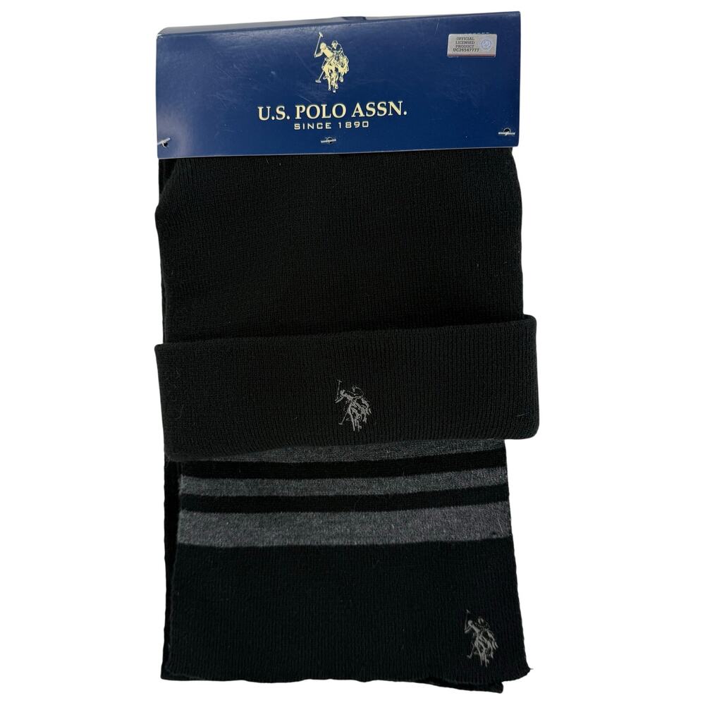 U.S. Polo Assn Black & Gray Scarf Beanie Set NWT OSFA